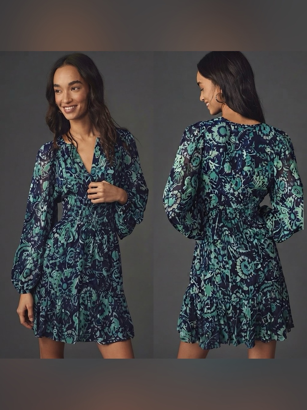 By Anthropologie Somerset Long Sleeve Mini Dress Small Blue Teal Floral Smocked